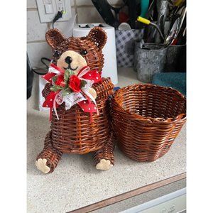 Adorable Vintage Wicker Bear Planter, Rattan Christmas Planter